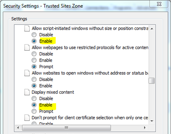 Allow script-initiated windows without size or position constraints and display mixed content selected and highlighted
              under miscellaneous